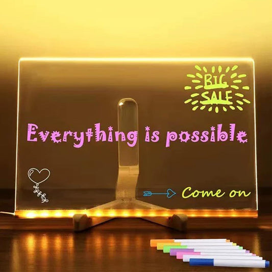 LED Acrylic Dry Erase Board11.8 x7.9 - Light-Up Desktop Message Board with Stand &12 Color Markers - Rewritable Glow Memo for Office, Home, Kids - Night Light Function & Easy Clean Surface