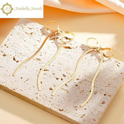 Elegant Chic 925 Sterling Silver Bow Tassel Chain Drop Earrings - 14K Gold Plated Dangle Earrings for Women, Ideal for Wedding & Parties, Hypoallergenic, Long Statement Jewelry