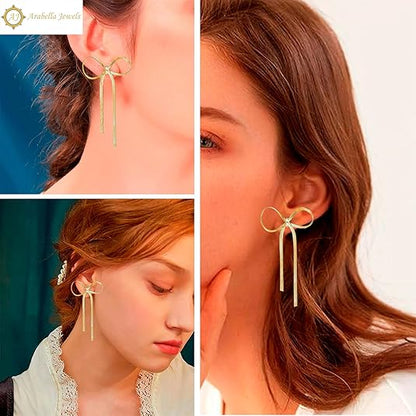 Elegant Chic 925 Sterling Silver Bow Tassel Chain Drop Earrings - 14K Gold Plated Dangle Earrings for Women, Ideal for Wedding & Parties, Hypoallergenic, Long Statement Jewelry