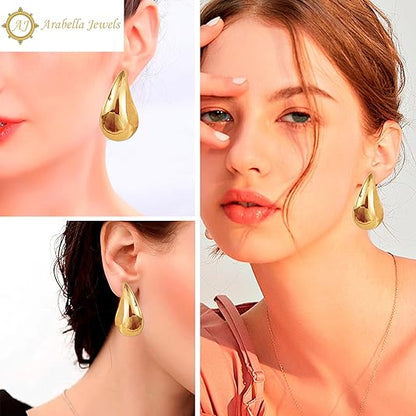 Extra Large Drop Earring Dupes Hypoallergenic 14K Gold-Plated Teardrop Earrings - Lightweight Chunky Waterdrop Hoops for Women, S925 Silver Needle
