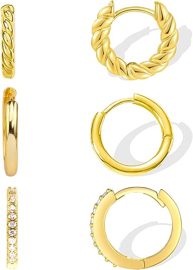18K Gold Plated Hoop Earrings Set - 3 Pairs with Cubic Zirconia, Plain & Rope Design - Nickel-Free Huggies for Women, Sustainable & Lightweight Daily Wear Jewelry