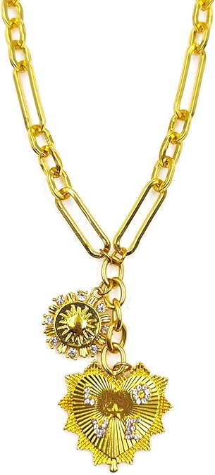 Trendy 18K Gold Plated Sun & Heart Pendant Choker, Multi Charm Chunky Hip Hop Necklace, Neutral Jewelry, Adjustable, for Women with Stylish Jewelry Box
