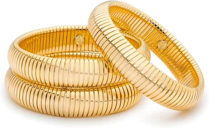 Elegant Gold Bangles - 3Pc Set, Flex Snake Chain, Hypoallergenic, Perfect for Daily Wear, Chunky Gold Bracelets, Stretch Gold Tone Bangles, Set of Womens Bracelets
