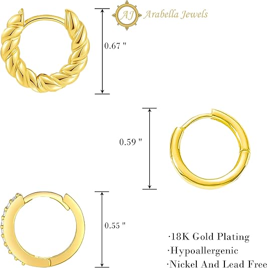 18K Gold Plated Hoop Earrings Set - 3 Pairs with Cubic Zirconia, Plain & Rope Design - Nickel-Free Huggies for Women, Sustainable & Lightweight Daily Wear Jewelry