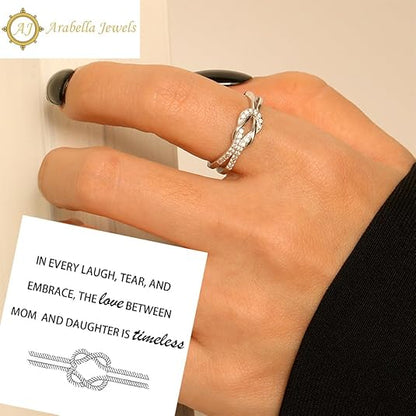 'In every laugh, tear and embrace, the love between mom and daughter is forever' Knot Ring - 925 Sterling Silver, Gift for Daughters from Mothers, w Inspirational Card & Elegant Box