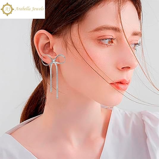 Elegant Chic 925 Sterling Silver Bow Tassel Chain Drop Earrings - 14K Gold Plated Dangle Earrings for Women, Ideal for Wedding & Parties, Hypoallergenic, Long Statement Jewelry