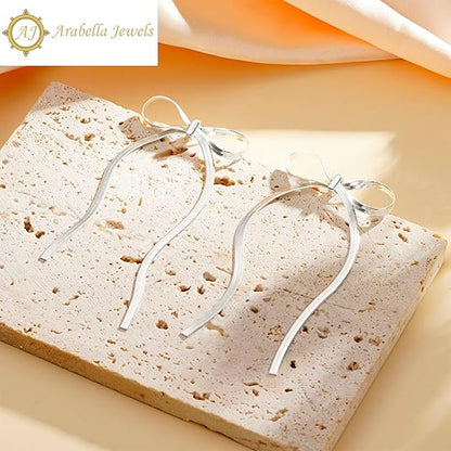 Elegant Chic 925 Sterling Silver Bow Tassel Chain Drop Earrings - 14K Gold Plated Dangle Earrings for Women, Ideal for Wedding & Parties, Hypoallergenic, Long Statement Jewelry