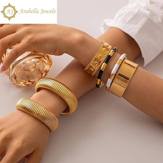 Elegant Gold Bangles - 3Pc Set, Flex Snake Chain, Hypoallergenic, Perfect for Daily Wear, Chunky Gold Bracelets, Stretch Gold Tone Bangles, Set of Womens Bracelets