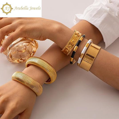 Elegant Gold Bangles - 3Pc Set, Flex Snake Chain, Hypoallergenic, Perfect for Daily Wear, Chunky Gold Bracelets, Stretch Gold Tone Bangles, Set of Womens Bracelets