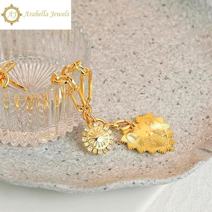 Trendy 18K Gold Plated Sun & Heart Pendant Choker, Multi Charm Chunky Hip Hop Necklace, Neutral Jewelry, Adjustable, for Women with Stylish Jewelry Box