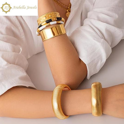 Elegant Gold Bangles - 3Pc Set, Flex Snake Chain, Hypoallergenic, Perfect for Daily Wear, Chunky Gold Bracelets, Stretch Gold Tone Bangles, Set of Womens Bracelets