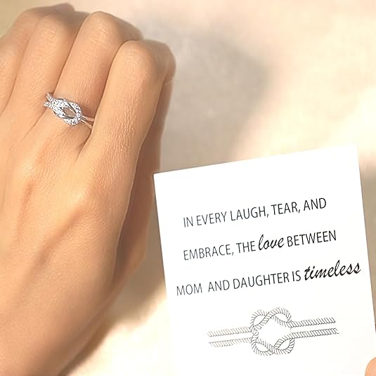 'In every laugh, tear and embrace, the love between mom and daughter is forever' Knot Ring - 925 Sterling Silver, Gift for Daughters from Mothers, w Inspirational Card & Elegant Box