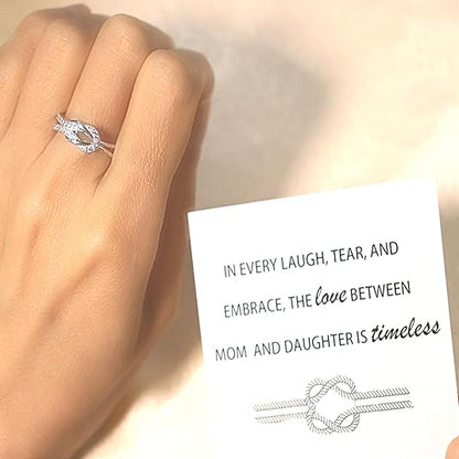 'In every laugh, tear and embrace, the love between mom and daughter is forever' Knot Ring - 925 Sterling Silver, Gift for Daughters from Mothers, w Inspirational Card & Elegant Box