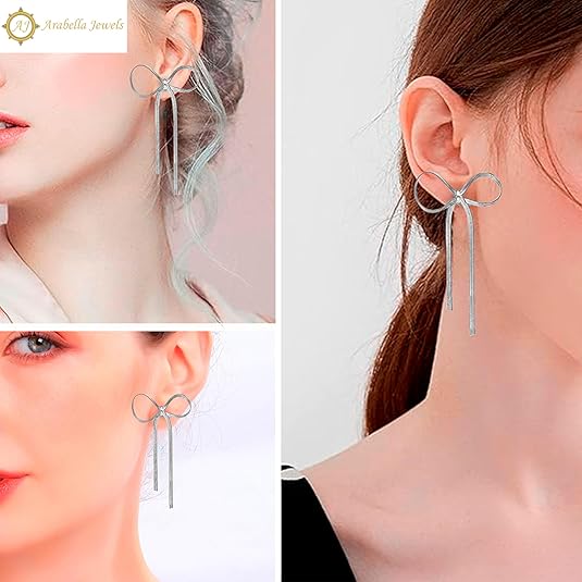 Elegant Chic 925 Sterling Silver Bow Tassel Chain Drop Earrings - 14K Gold Plated Dangle Earrings for Women, Ideal for Wedding & Parties, Hypoallergenic, Long Statement Jewelry