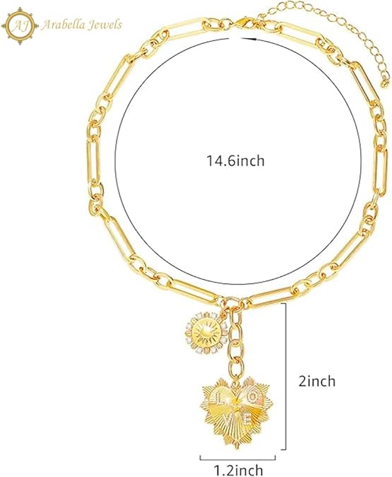 Trendy 18K Gold Plated Sun & Heart Pendant Choker, Multi Charm Chunky Hip Hop Necklace, Neutral Jewelry, Adjustable, for Women with Stylish Jewelry Box