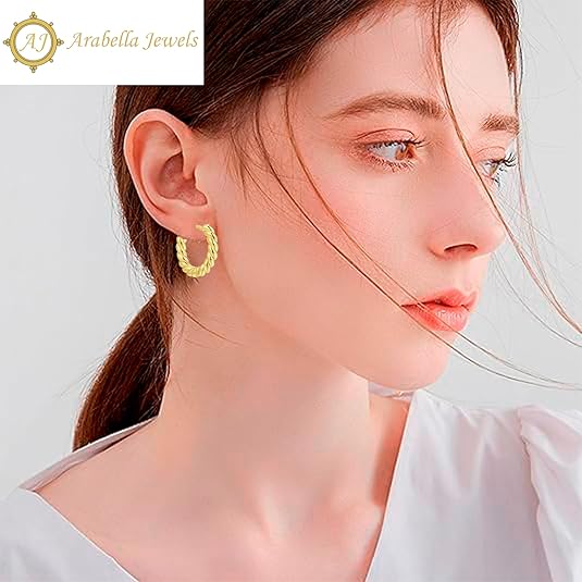 18K Gold Plated Hoop Earrings Set - 3 Pairs with Cubic Zirconia, Plain & Rope Design - Nickel-Free Huggies for Women, Sustainable & Lightweight Daily Wear Jewelry