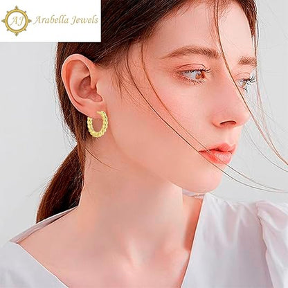 18K Gold Plated Hoop Earrings Set - 3 Pairs with Cubic Zirconia, Plain & Rope Design - Nickel-Free Huggies for Women, Sustainable & Lightweight Daily Wear Jewelry