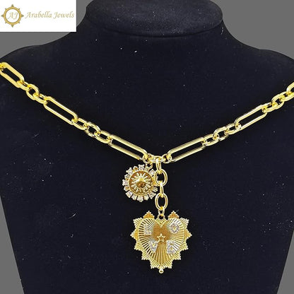 Trendy 18K Gold Plated Sun & Heart Pendant Choker, Multi Charm Chunky Hip Hop Necklace, Neutral Jewelry, Adjustable, for Women with Stylish Jewelry Box