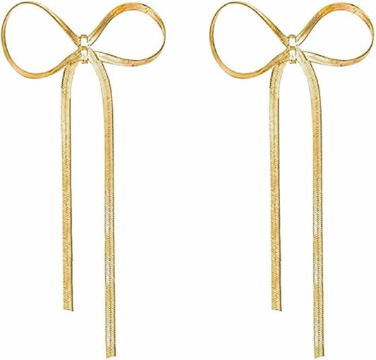Elegant Chic 925 Sterling Silver Bow Tassel Chain Drop Earrings - 14K Gold Plated Dangle Earrings for Women, Ideal for Wedding & Parties, Hypoallergenic, Long Statement Jewelry